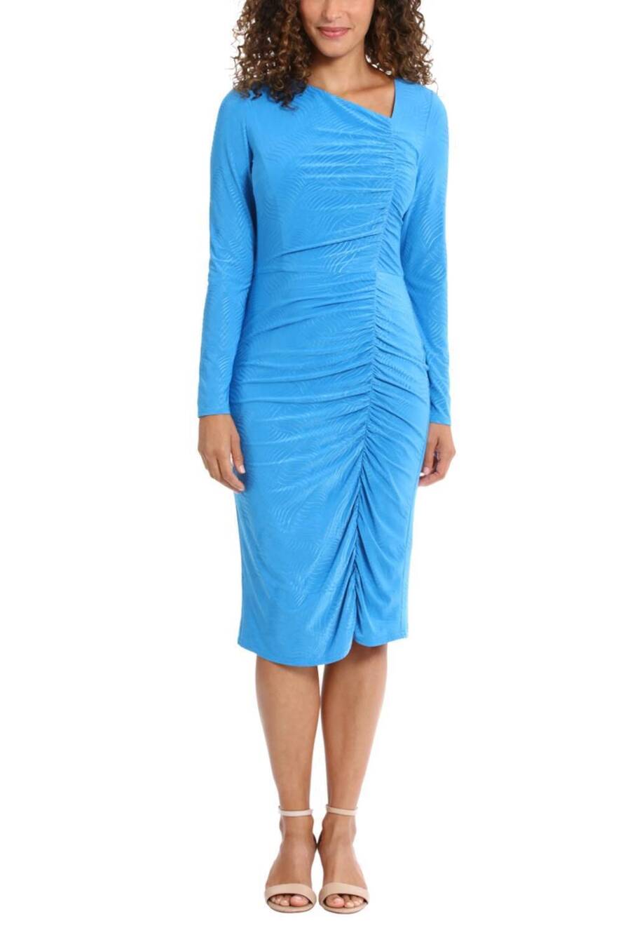 NEW LONDON TIMES long sleeve ruched detail dress in blue